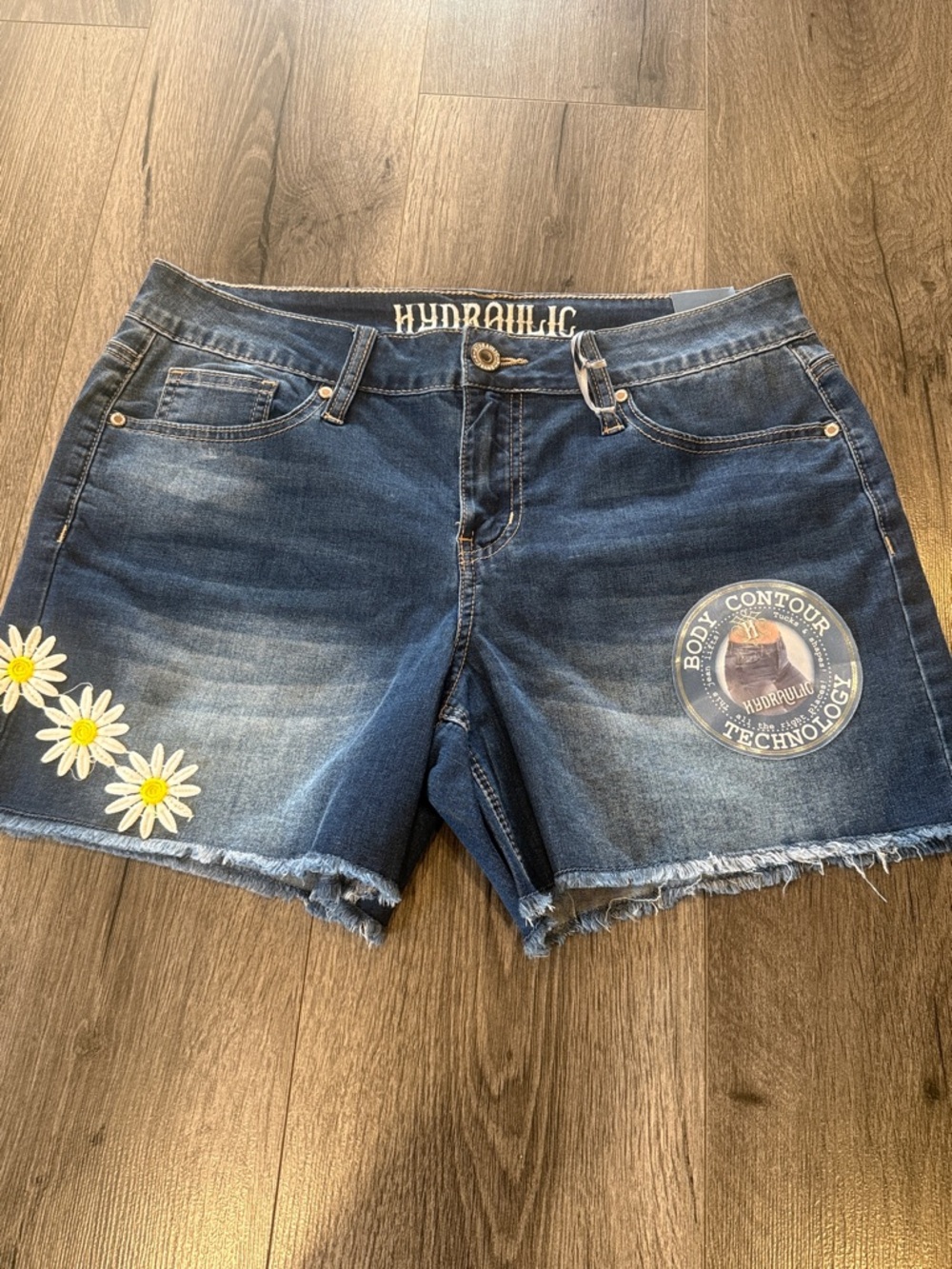 Hydraulic Blue Denim Shorts with Daisy Patch & Contour Badge